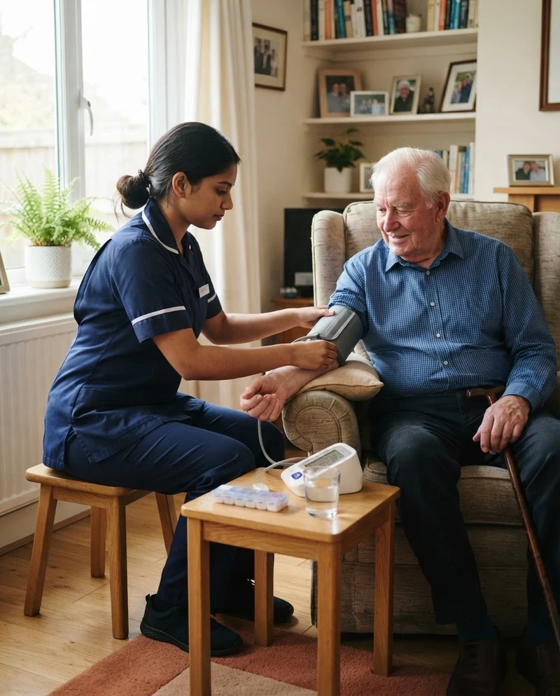 A nurse measuring an elderly patient's blood pressure
