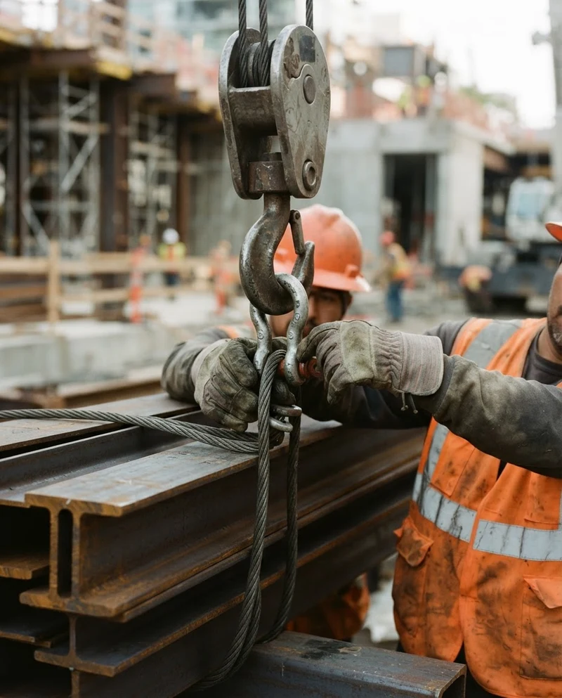 Gloved hands attaching a wire rope sling and shackle to a bundle of steel beams