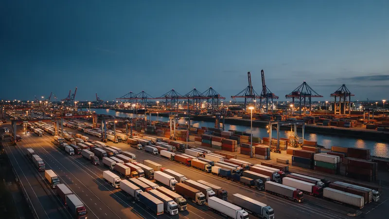 European port with trucks and cranes at dusk