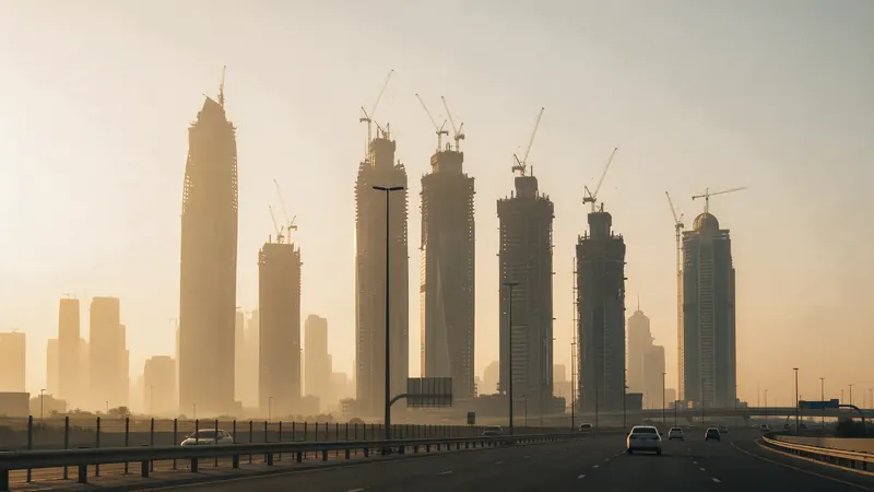 GCC city skyline with tower cranes at sunset