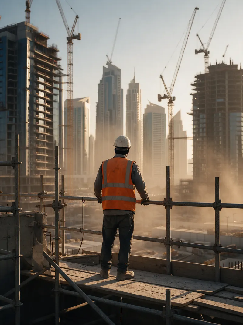 Construction worker on a scaffold looking at a skyline with tower cranes