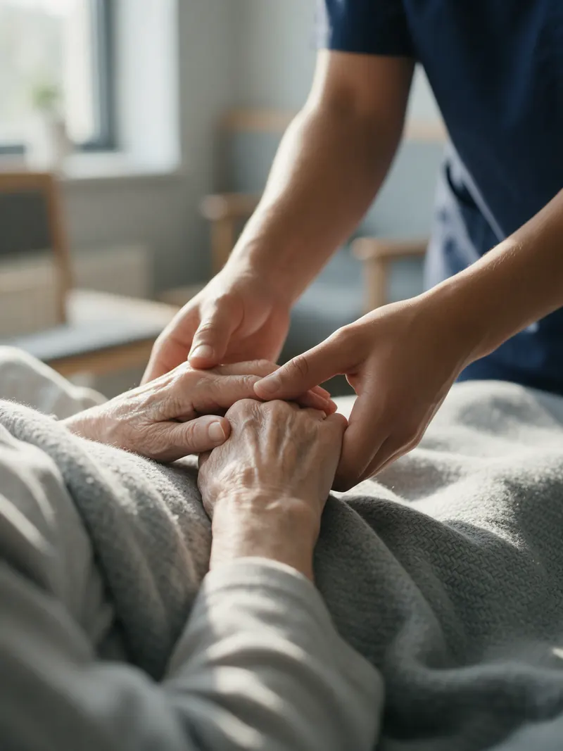 A nurse holding an elderly patient's hands