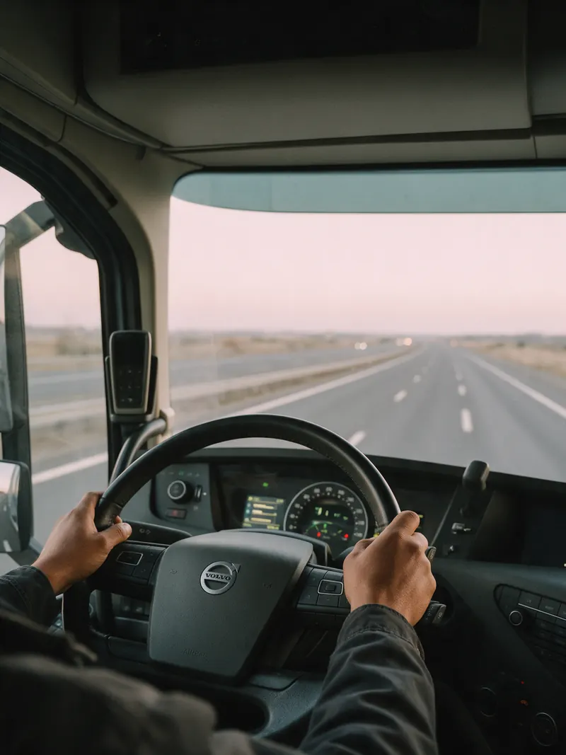 Driver's hands on a truck steering wheel with the motorway ahead