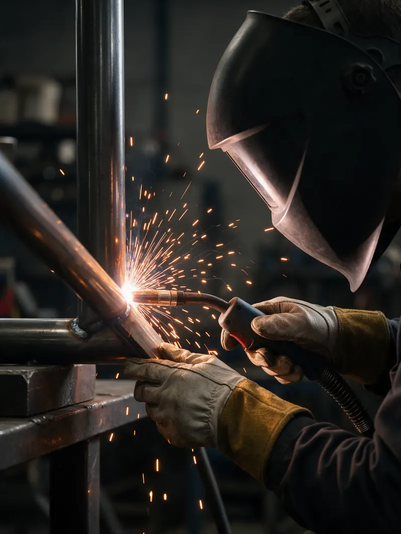 Welder's gloved hands with a burst of sparks