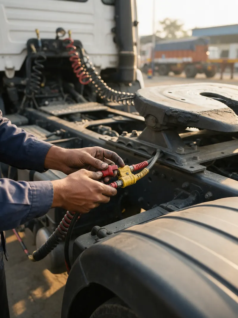 Hands connecting the air brake couplings between a truck and trailer