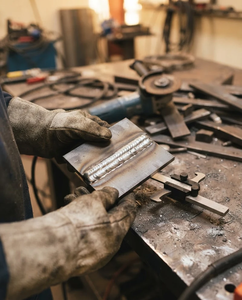 An instructor's gloved hands measuring a weld on a steel test plate