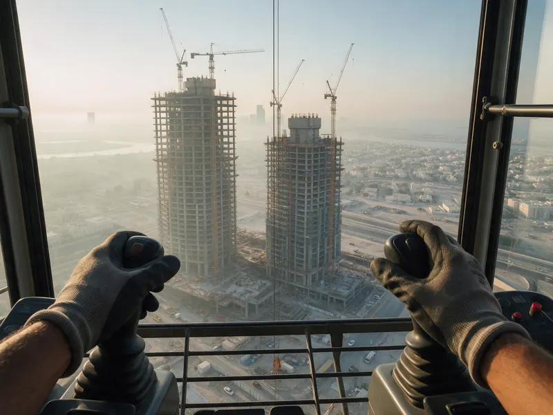 Tower crane operator's hands on the controls above a city