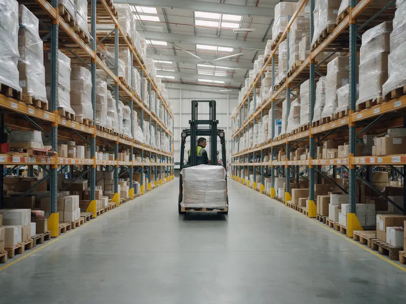 Forklift moving a pallet in a warehouse
