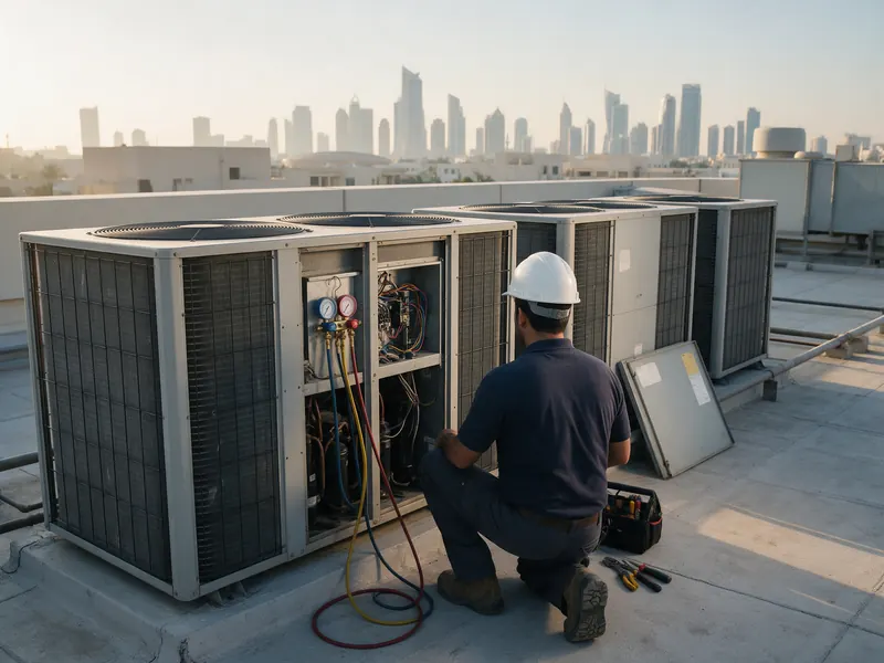 HVAC technician servicing rooftop units