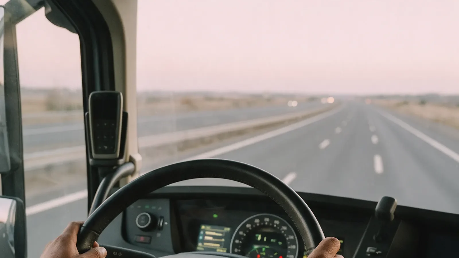 View from a truck cab on an open highway