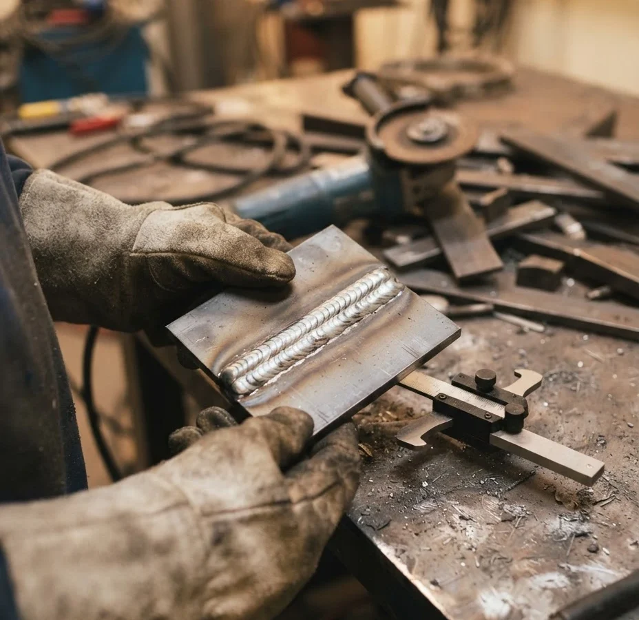 A welder holding a finished test coupon in a workshop